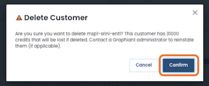 Confirmation dialog for deleting a customer with warning about lost credits.